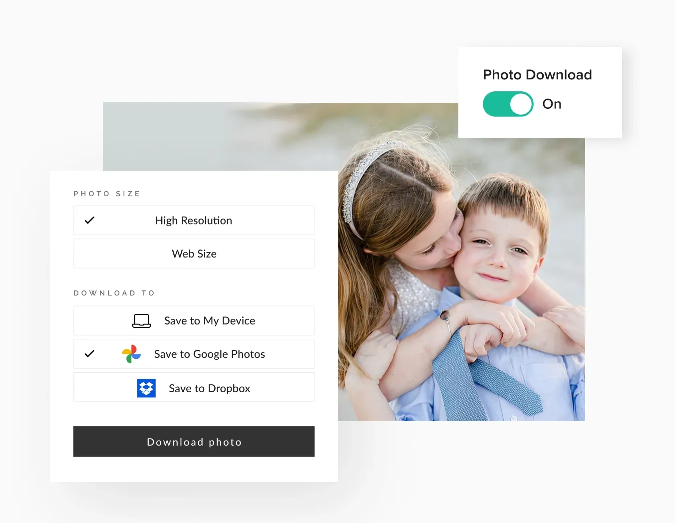 Photo download settings interface showing high resolution and Google Photos options, with a family portrait in the background
