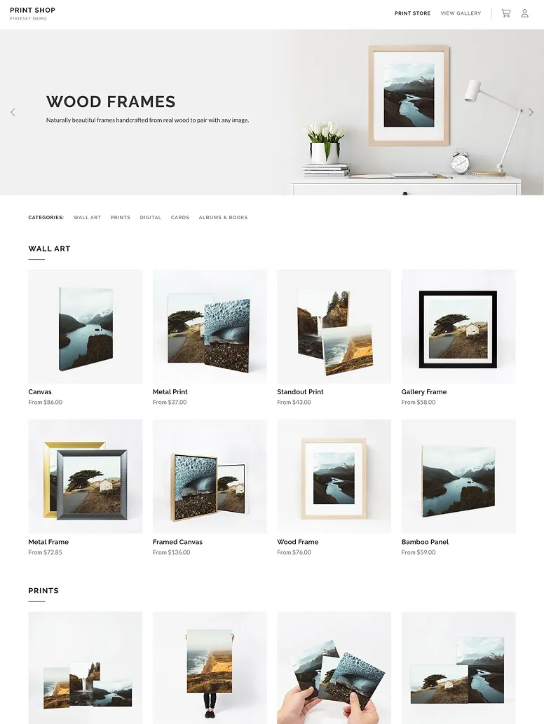 Pixieset photography print store product page showcasing wood frames and wall art, including canvas prints, metal prints, standout prints, gallery frames, framed canvas, bamboo panels, and various fine art photography prints in modern home décor settings.