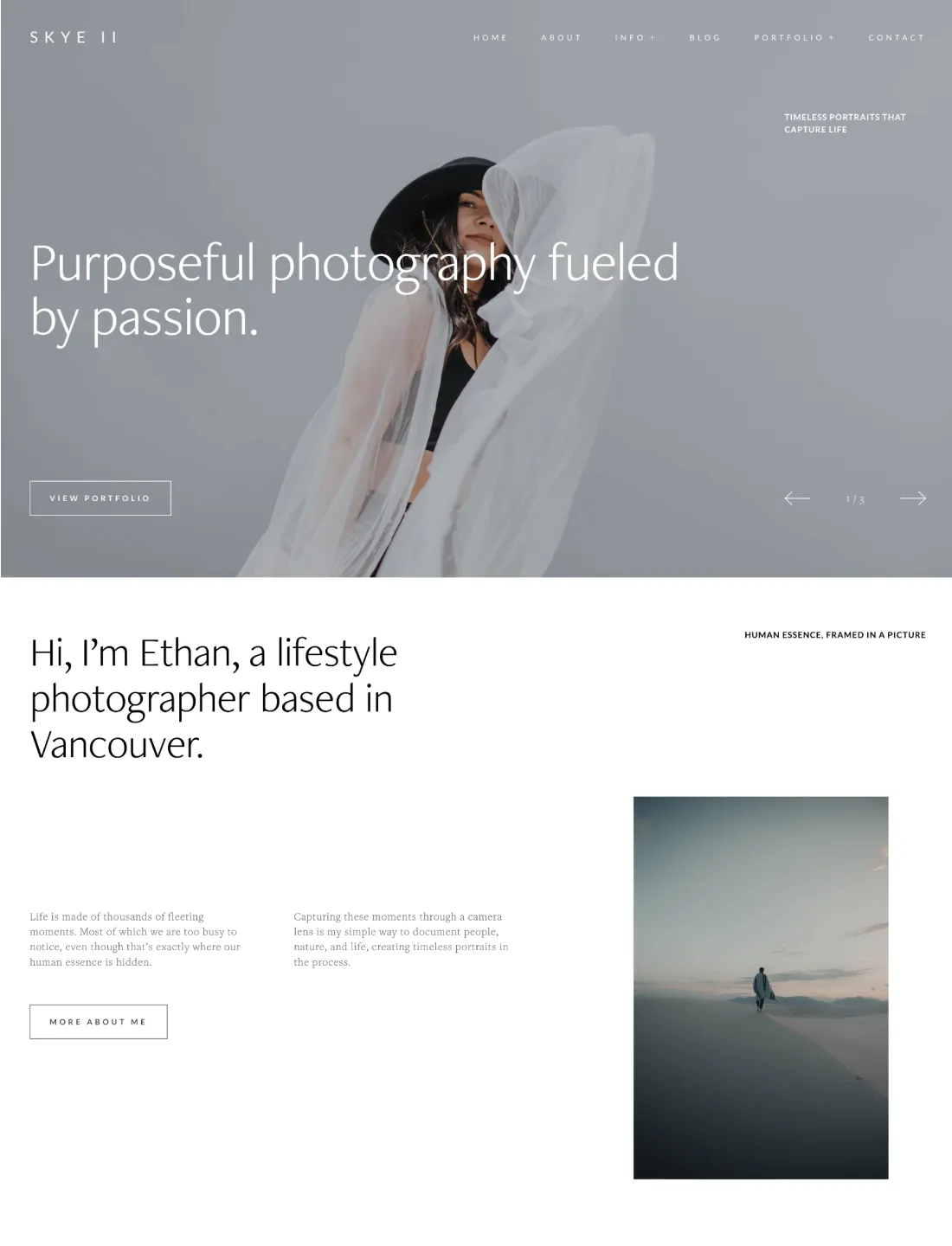 Minimalist photography portfolio homepage with elegant lifestyle portraits and a modern, airy design focused on natural light.