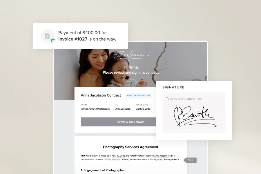 Photography contract interface with digital signature field and invoice notification, part of Pixieset’s client booking and payment features.