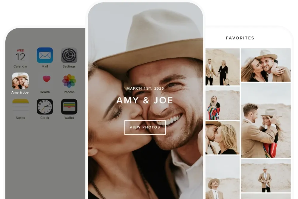Pixieset Mobile Gallery delivers photo albums that clients can save to their phones, with faves & sharing options, like this joyful engagement shoot of Amy & Joe.