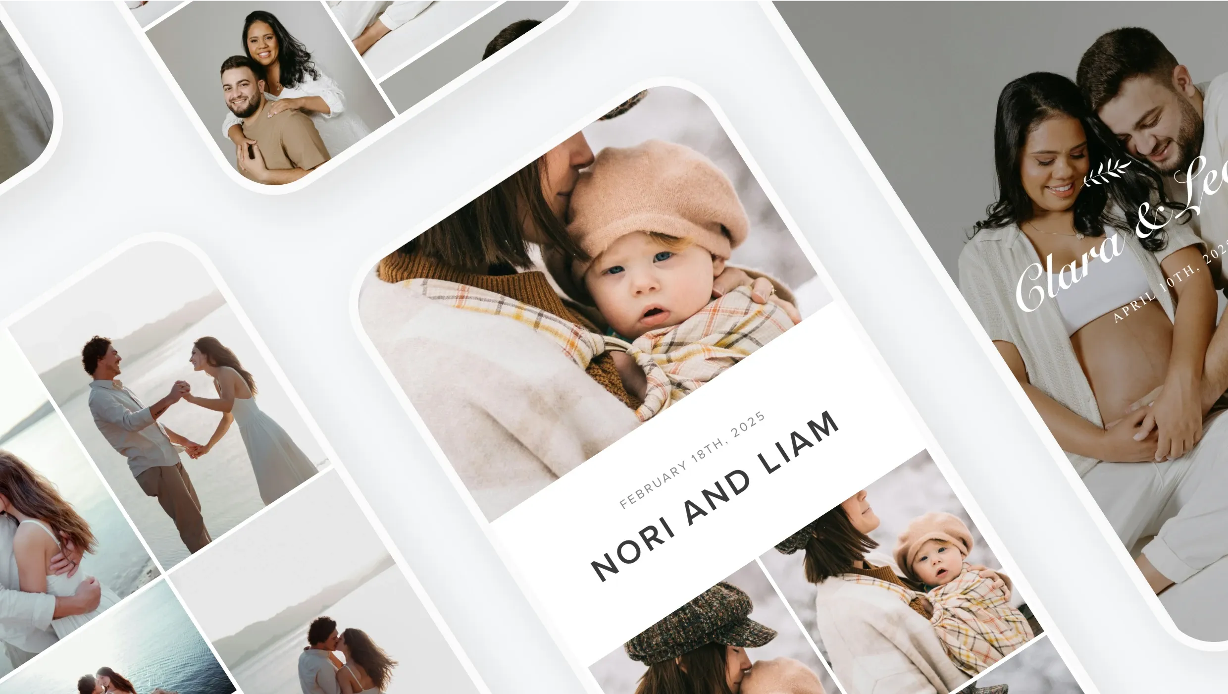 Pixieset Mobile Gallery App allows photographers to create personalized photo collections, like these family and maternity galleries with custom covers and client names.