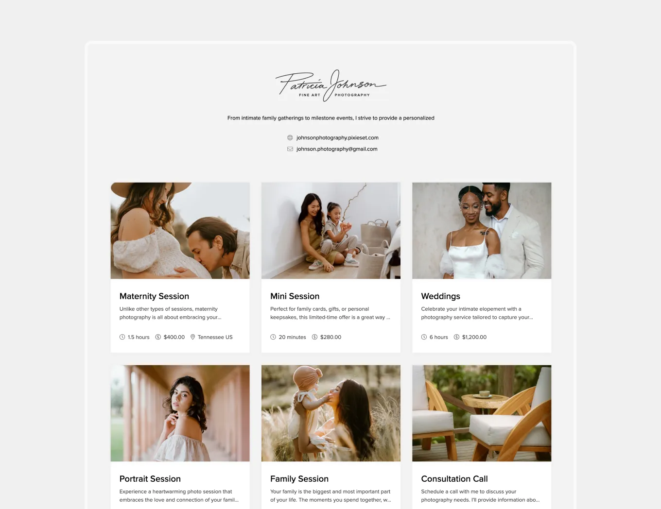 Pixieset's Studio Manager makes it easy to showcase your services to clients like on this Photography service menu displaying maternity, wedding, and consultation booking options