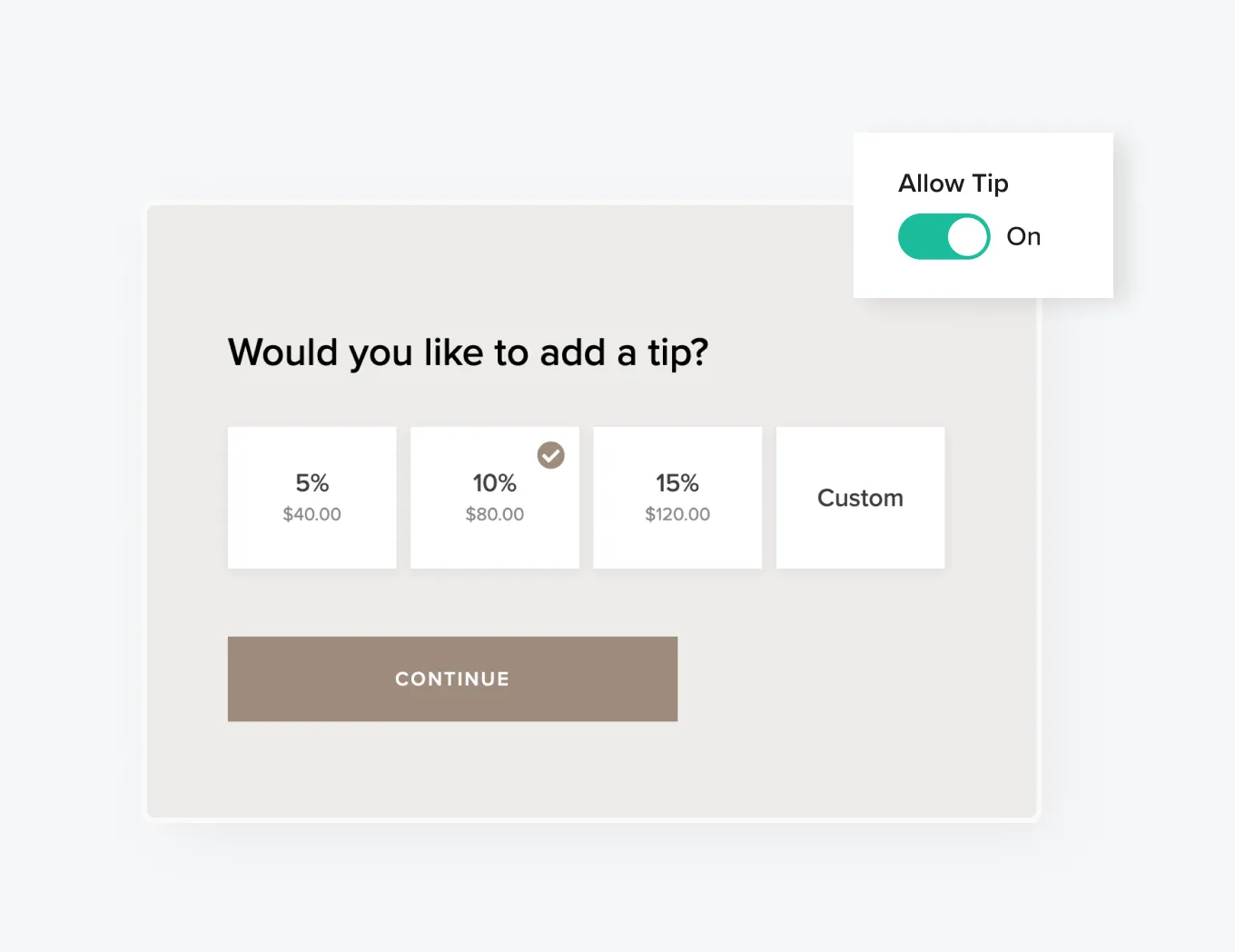 Studio Manager lets you offer an optional tipping interface, for photography service checkout with percentage and custom tip options