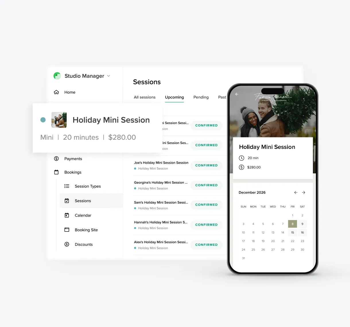 Pixieset Studio Manager makes it easy to create and book photography mini sessions online, like this holiday shoot scheduled through a mobile calendar and client dashboard.