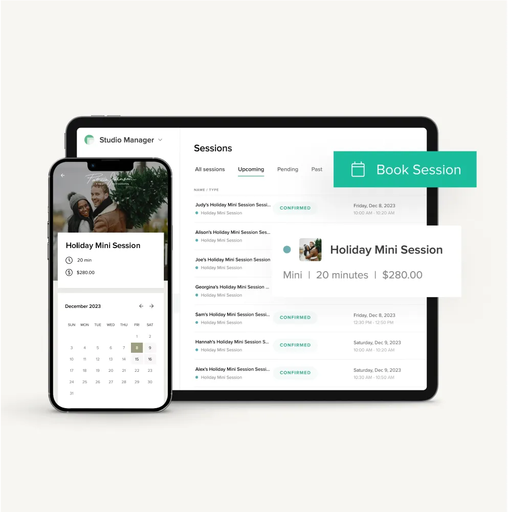 Pixieset Studio Manager makes it easy to create and book photography mini sessions online, like this holiday shoot scheduled through a mobile calendar and client dashboard.