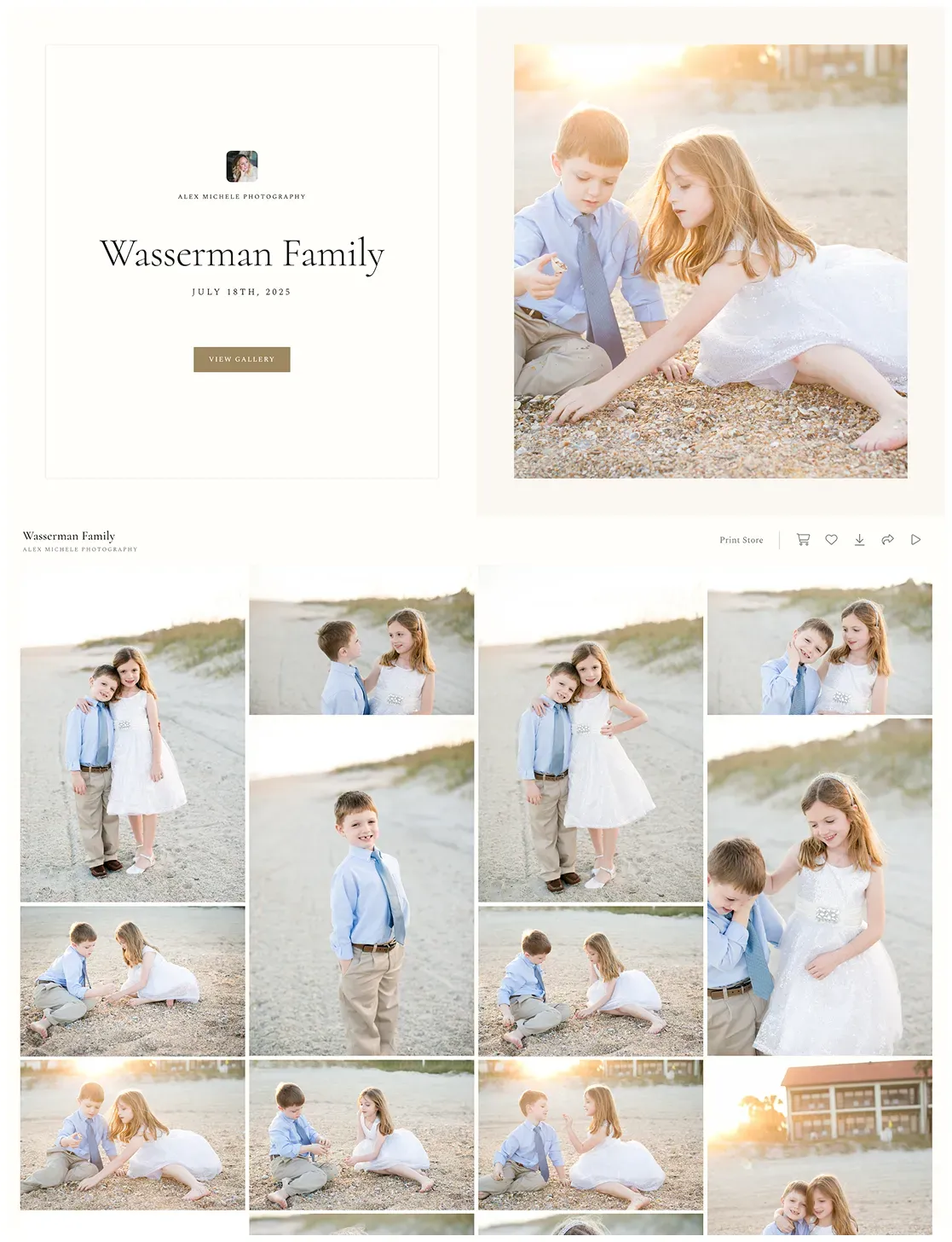 Beach family photography of the Wasserman family with children playing in the sand, candid moments, and golden hour light.