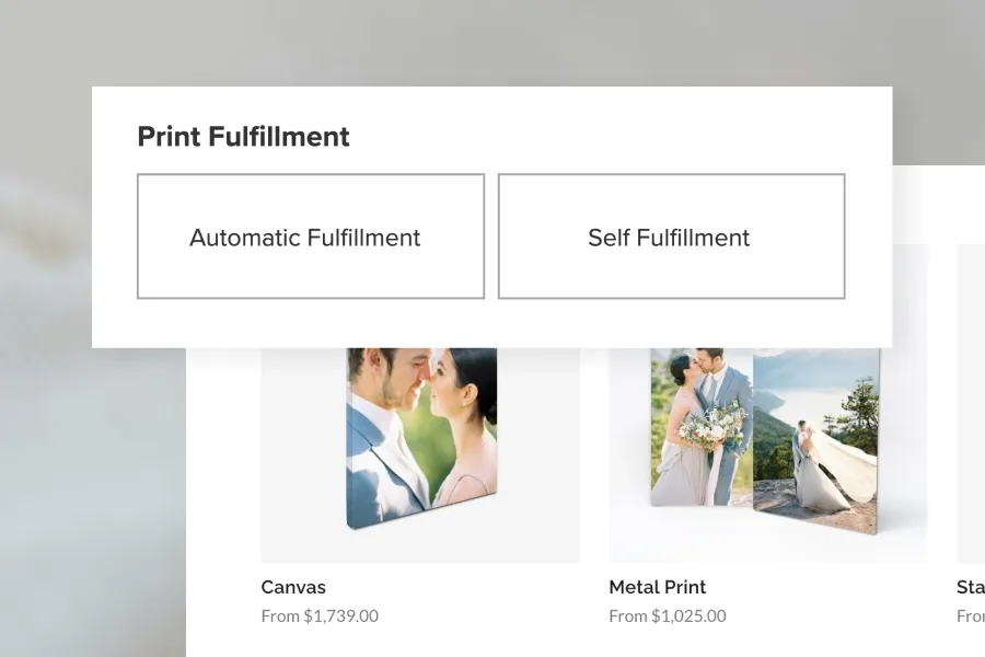 Pixieset store screen showing automatic and self-fulfillment options for print products.