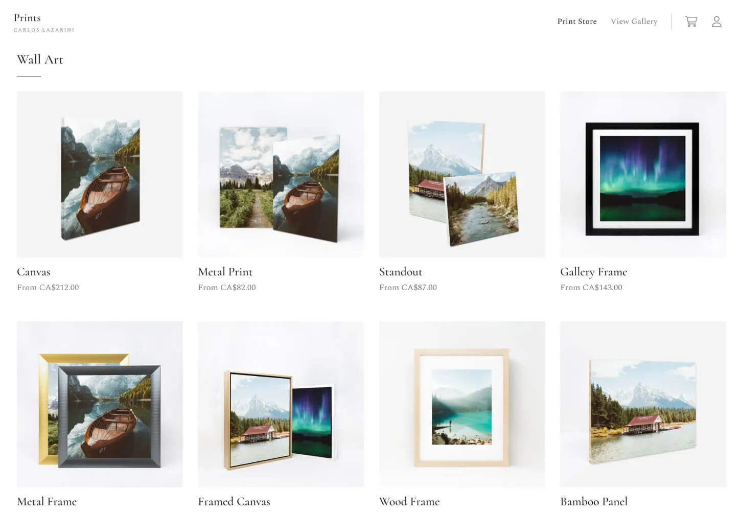 Product listing for wall art in the Pixieset Store, displaying various print options such as canvas, metal, standout, gallery frames, and wood frame from Carlos Lazzarini.