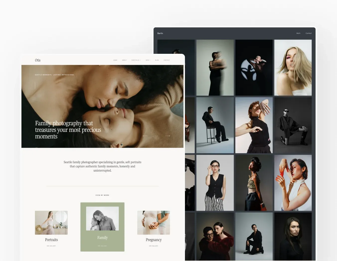 Pixieset Website makes it easy to showcase your work in elegant designs, like this portfolio mixing family portraits and fashion - just add your own text & images!
